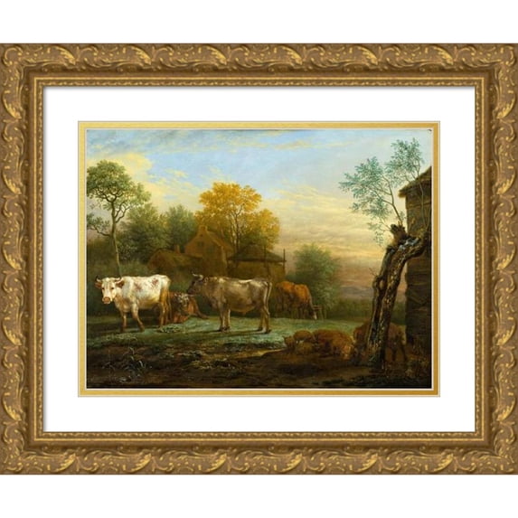 Paulus Potter 24x19 Gold Ornate Framed and Double Matted Museum Art Print Titled - Cattle in a Meadow (1652)