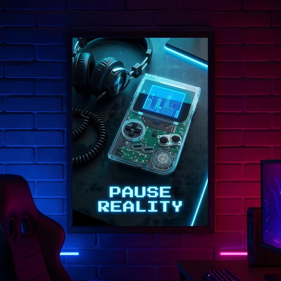 Pause Reality Neon Print, Retro Gaming Headphone Wall Art Poster Vintage Style, Poster Only