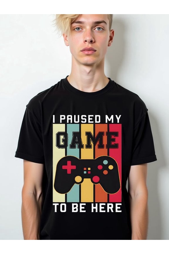 Paused Game Controller Tee Men's funny t shirts black short casual Breathable fabric, crew neck, short sleeves Vintage Unisex Shirt Graphic tshirts