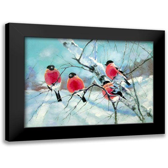 Pautov, Igor 14x11 Black Modern Framed Museum Art Print Titled - Bullfinches on a Birch
