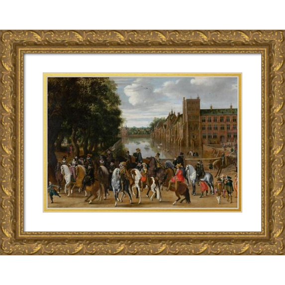 Pauwels van Hillegaert 14x11 Gold Ornate Wood Frame and Double Matted Museum Art Print Titled - The Princes of Orange and Their Families on Horseback, Riding Out from the Buitenhof, the Hague (C. 1