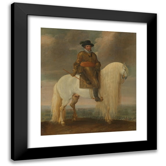 Pauwels van Hillegaert 20x22 Black Modern Framed Museum Art Print Titled - Prince Maurits Astride the White Warhorse Presented to Him After His Victory at Nieuwpoort (C. 1633 - C. 1635)