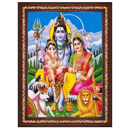 Pavan Photo Laminations Shiv Parivar Family Siva Parvati Lord Shiva Wall Painting Framed Home Decor (Wood,Matte,Brown,Small Size,6 X 8 Inch) B136S