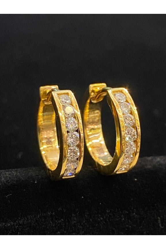 Pave 0.84 Cts Round Brilliant Cut Diamonds Channel Hoop Earrings In Hallmark 18K Yellow Gold