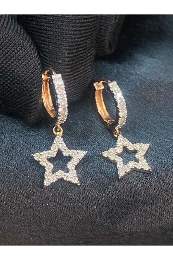 Pave 0.89 Cts Round Brilliant Cut Diamonds Falling Star Dangle Earrings In Hallmark 14K Rose Gold
