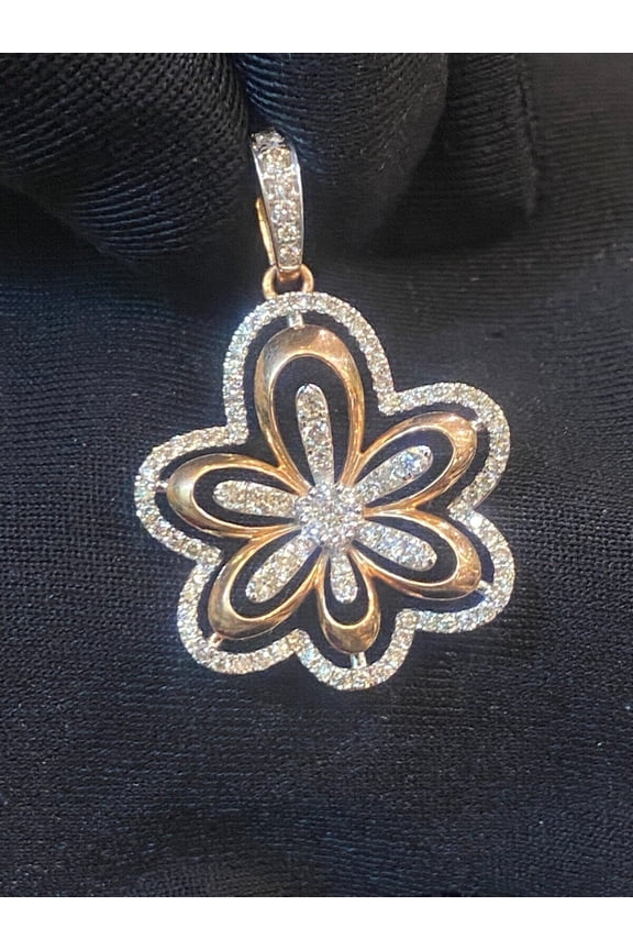 Pave 1.10 Carats Round Brilliant Cut Natural Diamonds Flower Charm Pendant In Hallmark 14K Rose Gold