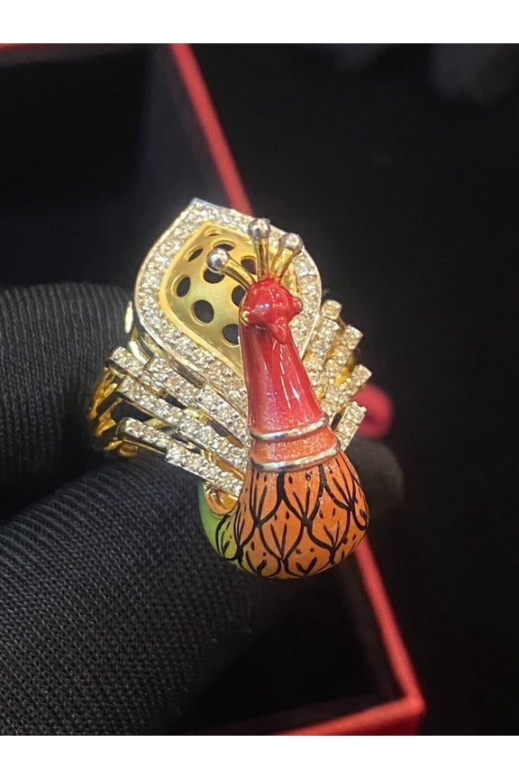 Pave 1.10 Cts Round Brilliant Cut Diamonds Peacock Enameled Ring in Hallmark 18K Yellow Gold