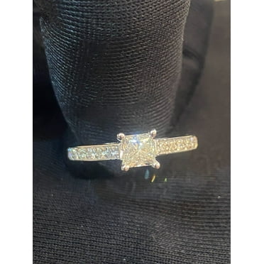 Pave 1.30 Cts Princess Round Cut Diamonds Solitaire Engagement Ring in Hallmark 14K White Gold