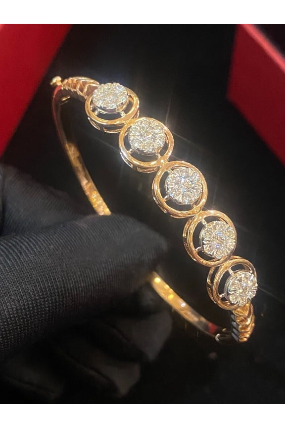 Pave 1.36 Cts Round Brilliant Cut Diamonds Five Halo Bangle Bracelet In Hallmark 14K Rose Gold