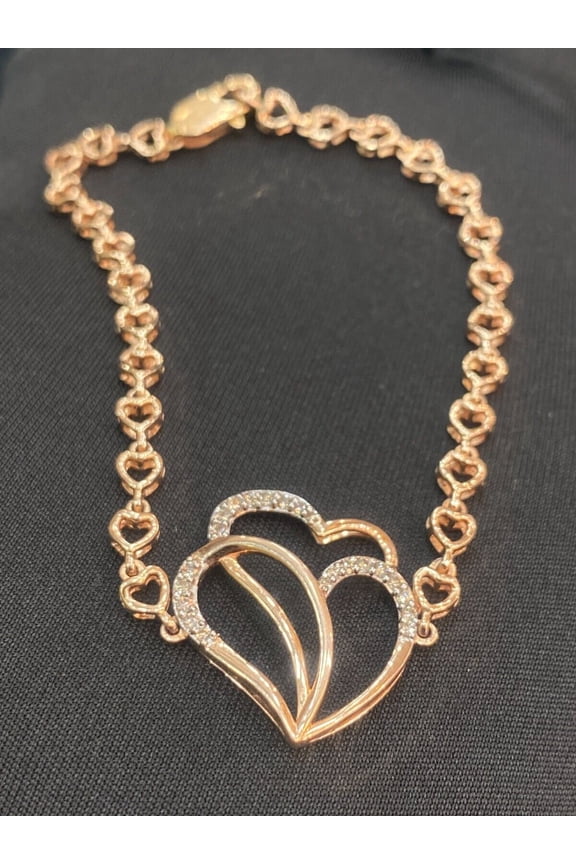 Pave 1/4 Carats Round Brilliant Natural Diamonds Two-Hearts Bracelet In Hallmark 14K Rose Gold