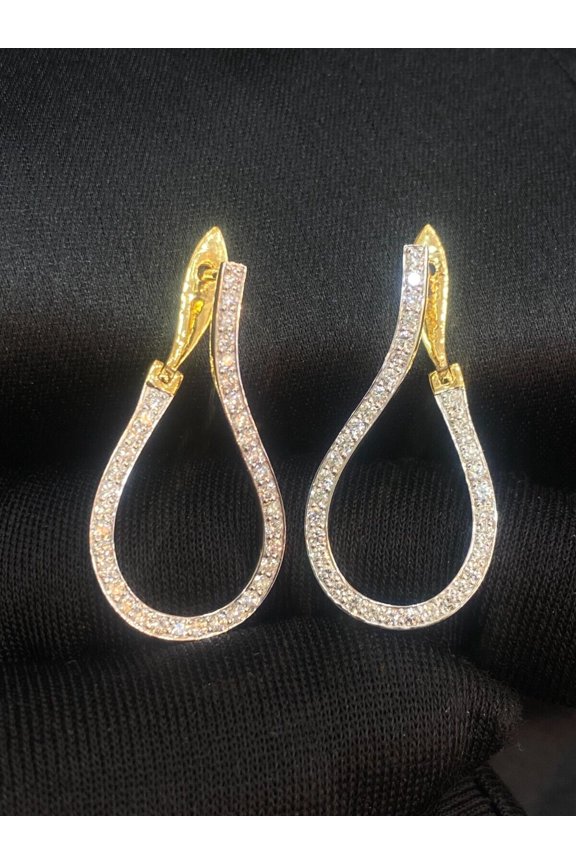 Pave 1.42 Cts Round Brilliant Cut Diamonds Curve Clip Hoop Earrings In 14K Yellow Gold