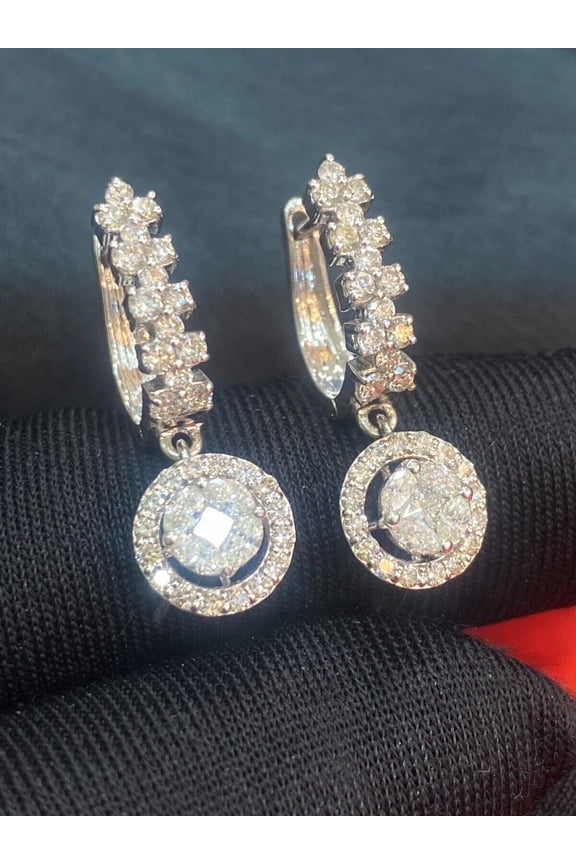 Pave 1.78 Cts Marquise Round Princess Shape Diamonds Drop Hoop Earrings In Hallmark 14K White Gold