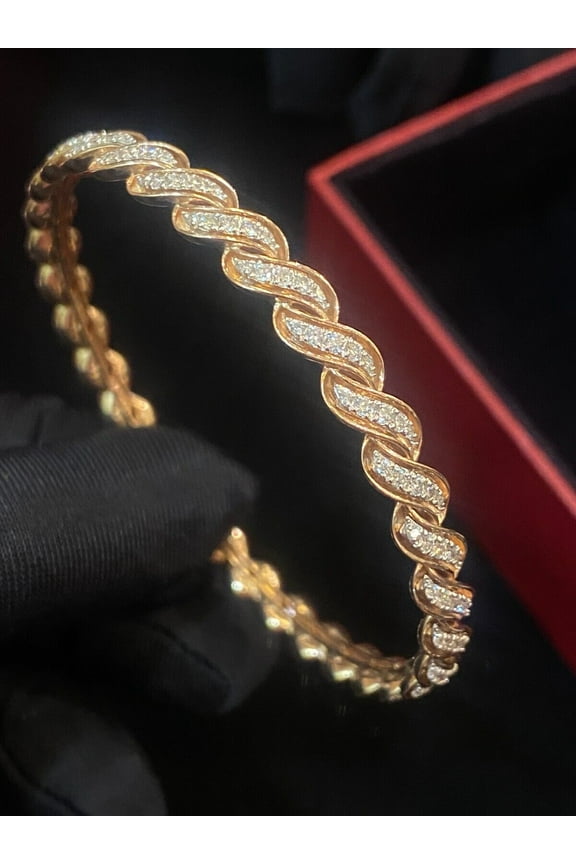 Pave 2.10 Cts Round Brilliant Cut Natural Diamonds Twist Bangle In Hallmark 14K Rose Gold