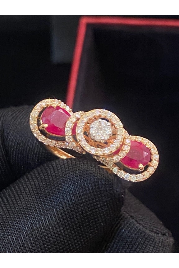 Pave 5.70 Cts Round Brilliant Cut Diamonds Pear Ruby Cocktail Ring In Hallmark 14K Rose Gold