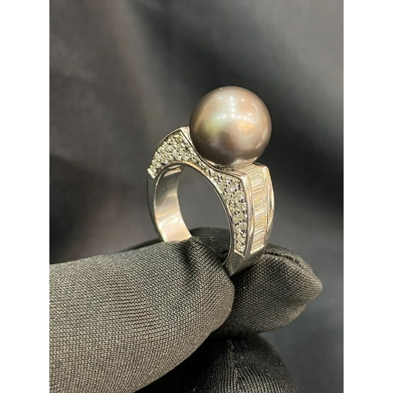 Pave 9.60 Cts Baguette Round Cut Diamonds South Sea Pearl Party Ring In Stamped 18K White Gold
