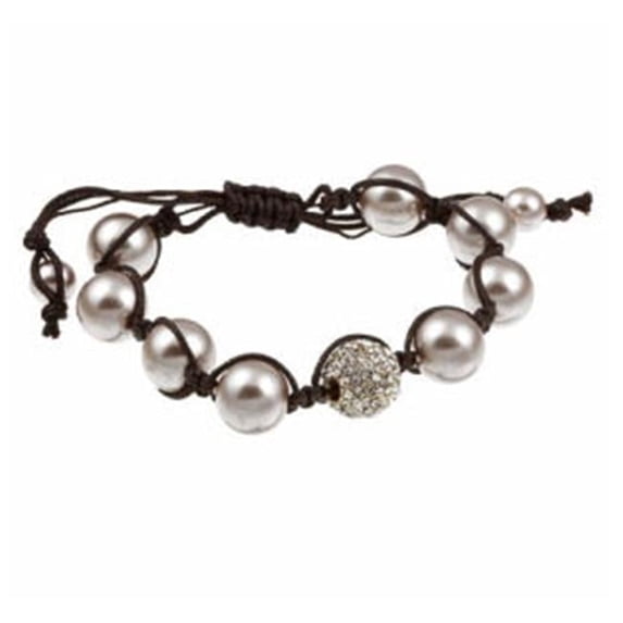 Pave Clear Crystal and Pink Faux Pearl Beaded Macrame Adjustable Bracelet