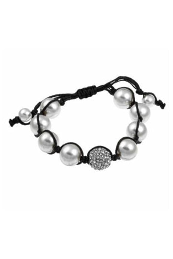 Pave Clear Crystal and White Faux Pearl Beaded Macrame Adjustable Bracelet
