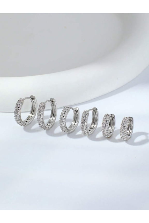 Pave Cubic Zirconia Hoop Earrings Set Of 3 Pairs Silver Tone