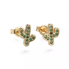 Pave Cubic Simulated Zircon Textured Stud Earrings Cactus Gold Green 9x7.5x1.7mm Pin 0.7mm P342
