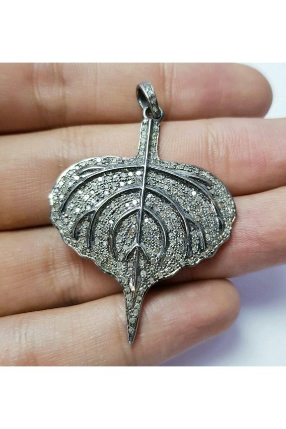 Pave Diamond Leaf Design Pendant 925 Silver Diamond Handmade Pendant Gift.