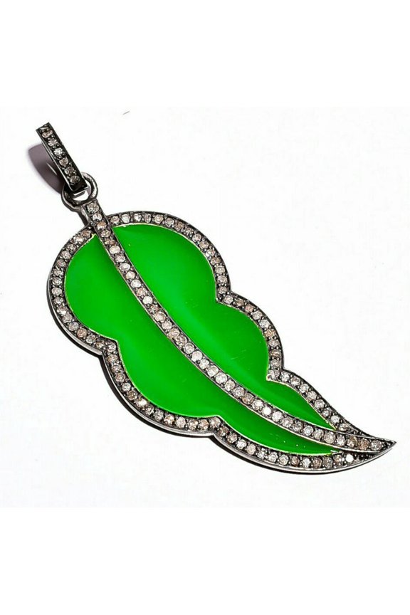 Pave Diamond Leaf Pendant 925 Sterling Silver Handmade Enamel Silver Pendant.