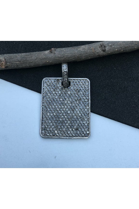 Pave Diamond Rectangle Pendant 925 Silver Diamond Tag Pendant Valentines Gift.
