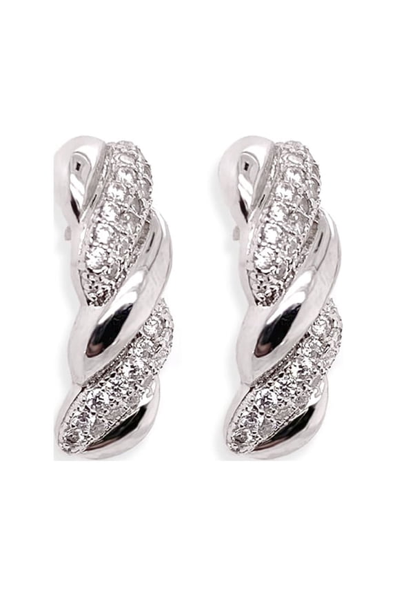 Pave Diamond Twist Elongated Stud Earings White Gold Finish CZ
