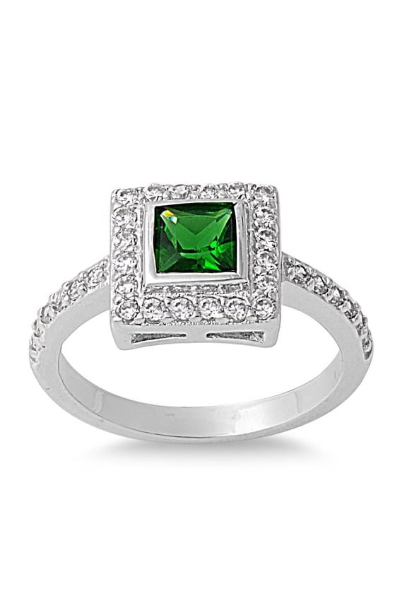 Pave Embraced Square Simulated Emerald Cubic Zirconia Ring Sterling Silver 925