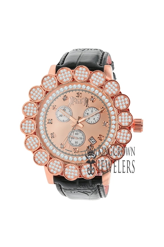 Pave Flower Cluster Bezel Real Diamond Dial Custom Leather Strap Band Watch 18K Rose Gold Tone Analog W/Date