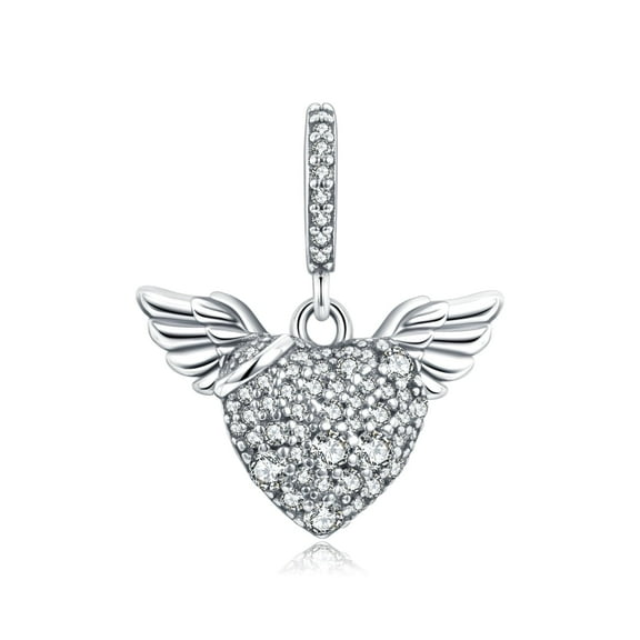 Pave Heart and Angel Wings S925 Dangle Charm for Women Moment Bracelet Necklace Pendant