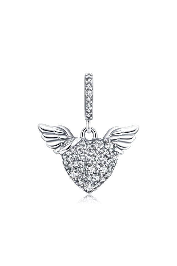 Pave Heart and Angel Wings S925 Dangle Charm for Women Moment Bracelet Necklace Pendant
