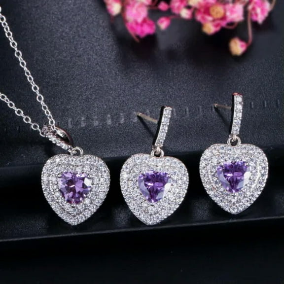 Pave Purple CZ Stone Heart Pendant Necklace Earrings Silver Plated Jewelry Set