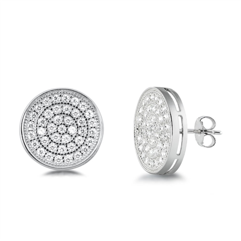 Pave Set Clear CZ Rounded Disc Stud Earring Sterling Silver 18MM
