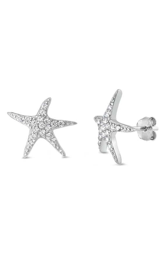 Pave Set Clear CZ Starfish Stud Earring Sterling Silver