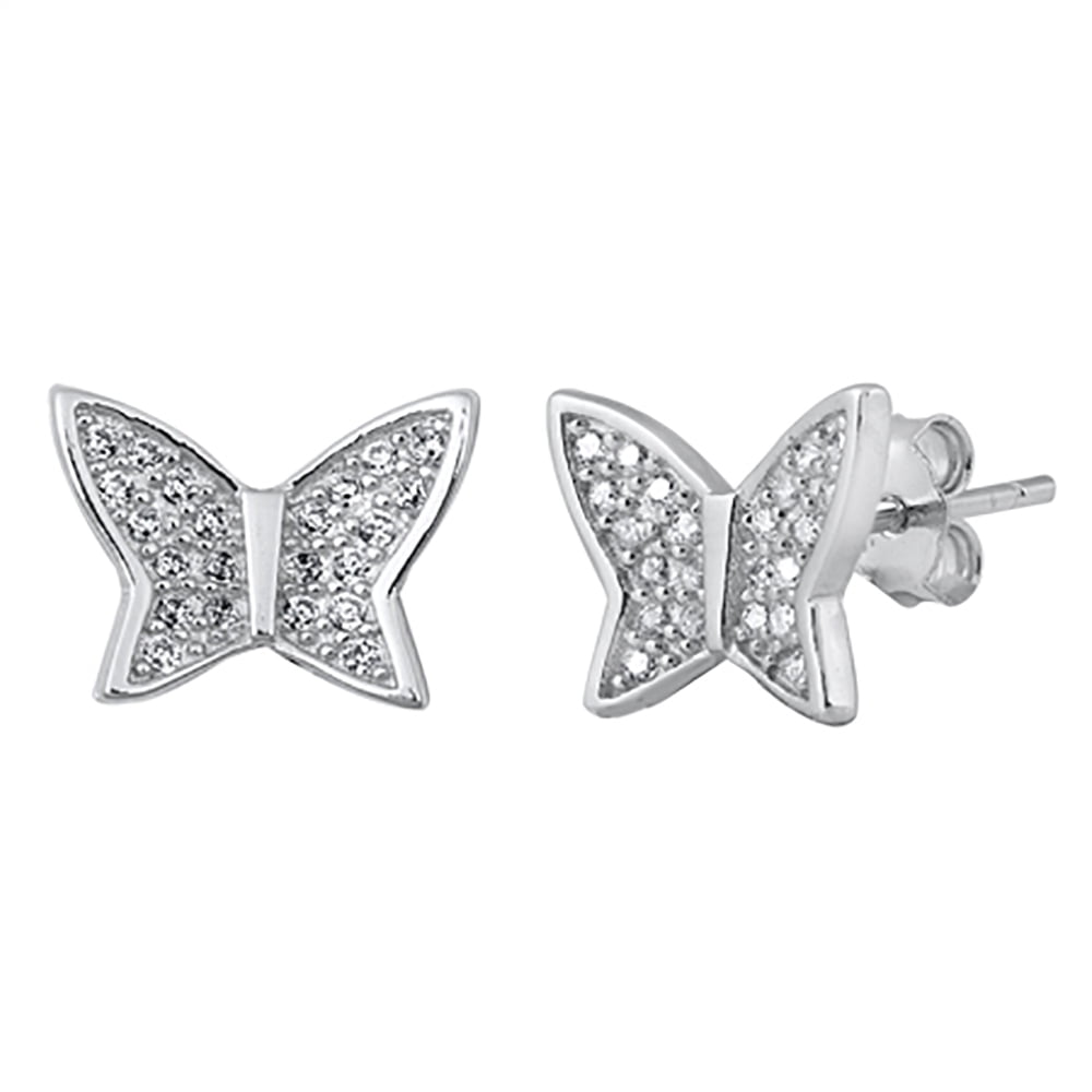 Pave Set Clear Cubic Zirconia Butterfly Stud Earrings Sterling Silver
