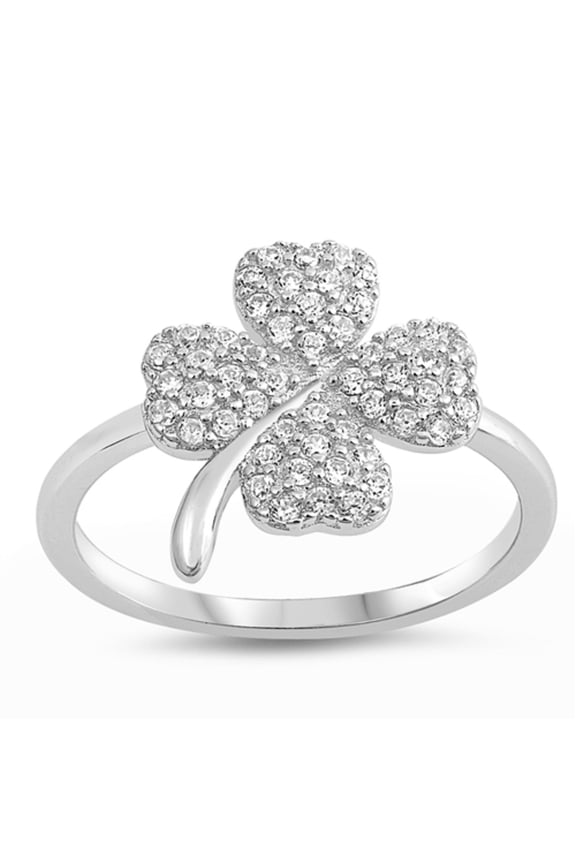 Pave Set Clear Cubic Zirconia Clover Ring Sterling Silver Size 6