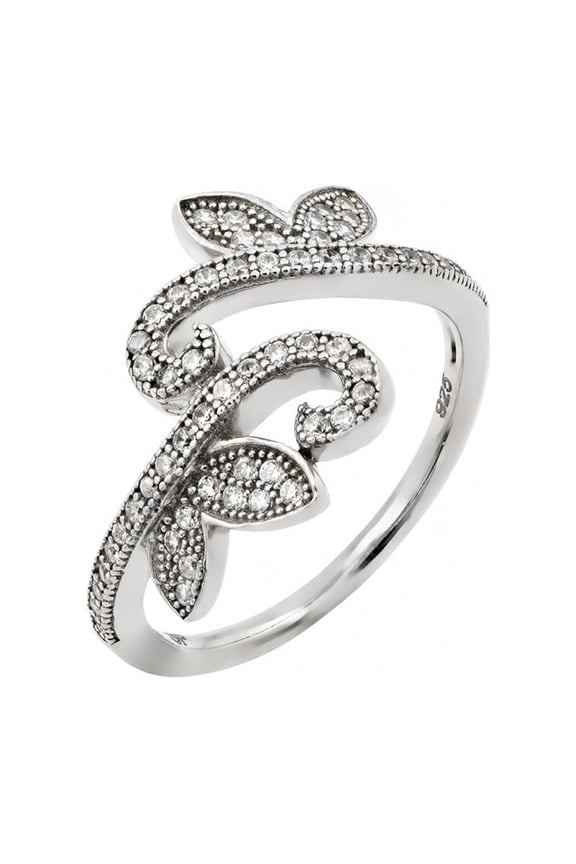 Pave Set Clear Cubic Zirconia Leaf Vine Ring Rhodium Plated Sterling Silver Size 9