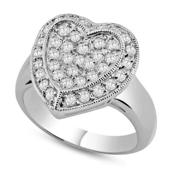 Pave Set Diamond Heart Shape Promise Ring 2.1 Ct Diamond 14K White Gold Over