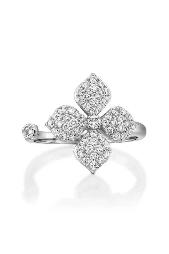 Pave Set Floral Open Cuff Ring For Women 2.3 Ct Diamond 14K White Gold Over