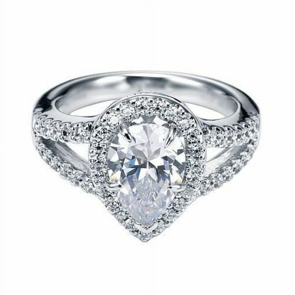 Pave Set Halo Women's Engagement Ring, Split Shank Wedding Ring, 2 Ct Simulated Pear Cut Diamond Ring, 925 Sterling Silver Anniversary Diamond Ring For Her Special Occasion Promise Ring