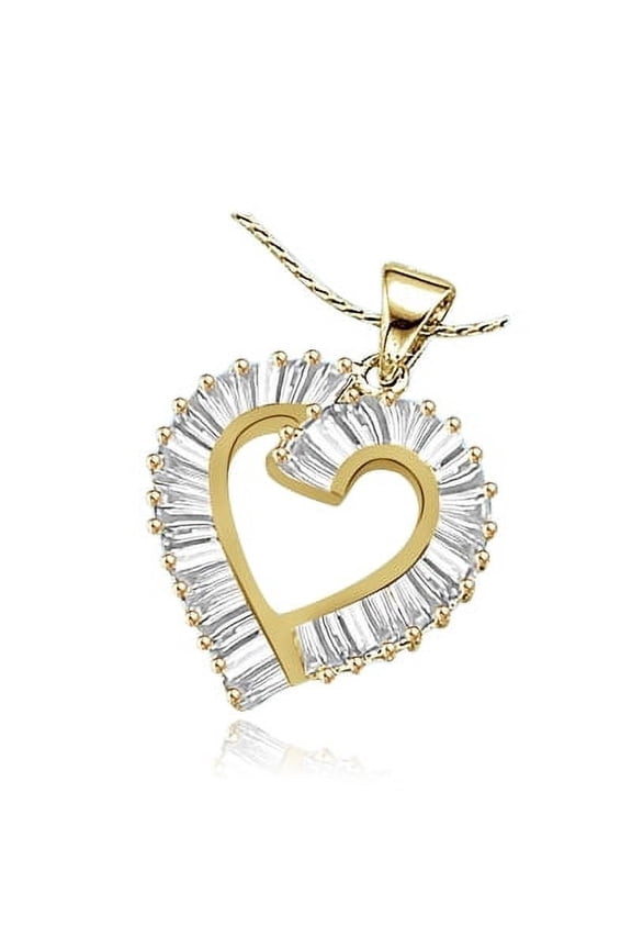 Pave Set Heart Shape Pendant with Lab-made Baguettes by Diamond Essence set in 14K Solid Yellow Gold
