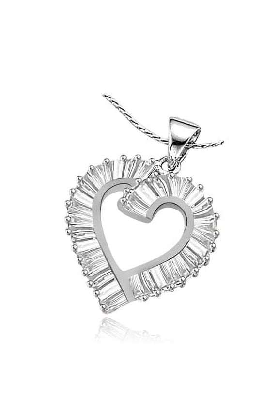 Pave Set Heart Shape Pendant with Lab-made Baguettes by Diamond Essence set in Sterling Silver