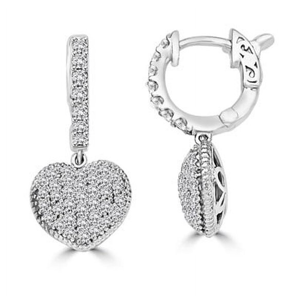Pave Set Hinged Hoop Heart Dangle Earrings with Artificial Round Brilliant Melee Diamonds by Diamond Essence set in Sterling Silver