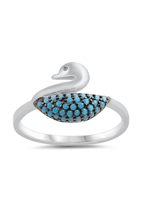 Pave Set Simulated Turquoise Swan Ring Sterling Silver Size 8