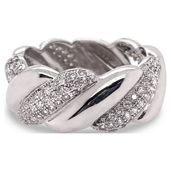 Pave Set Twists Wedding Band for Women Eternity Style 14K Yellow Gold Rhodium Finish CZ Glitz Design