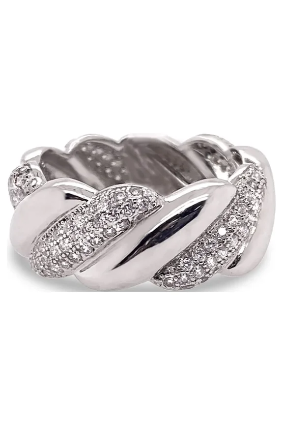 Pave Set Twists Wedding Band for Women Eternity Style 14K Yellow Gold Rhodium Finish CZ Glitz Design