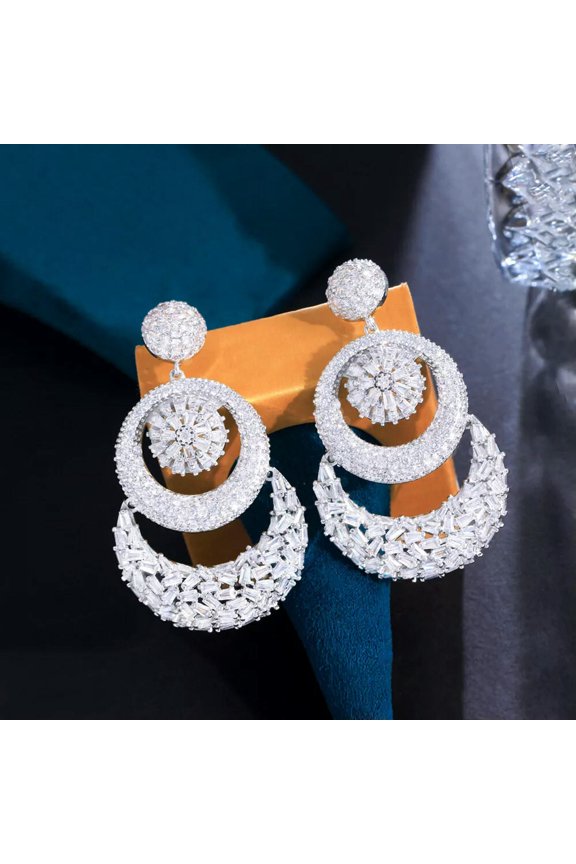 Pave Setting Round Dangle Earrings CZ Amerian Crystal White Gold Plated Jewelry