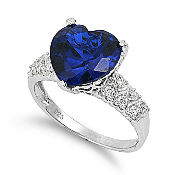 Pave Sided Heart Simulated Sapphire Cubic Zirconia Ring Sterling Silver 925