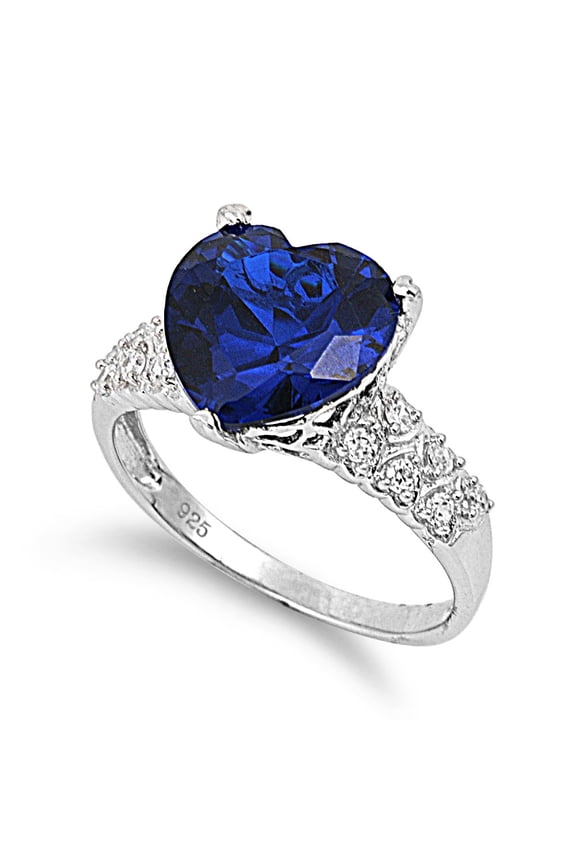 Pave Sided Heart Simulated Sapphire Cubic Zirconia Ring Sterling Silver 925