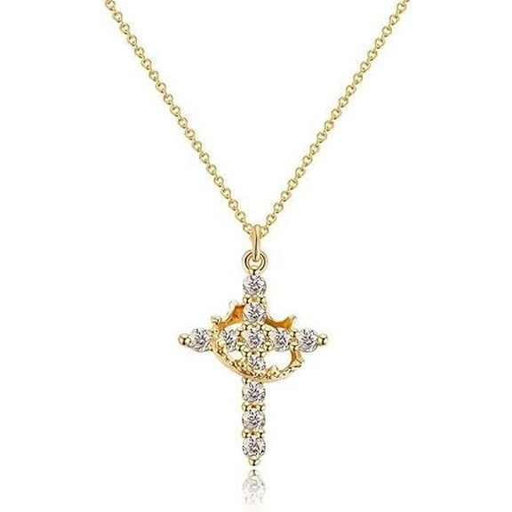 Paved Cross Rotated Crown Necklace, Diamond Cross Necklace Zircon 14K Gold Plated Necklaces for Women Jewelry
